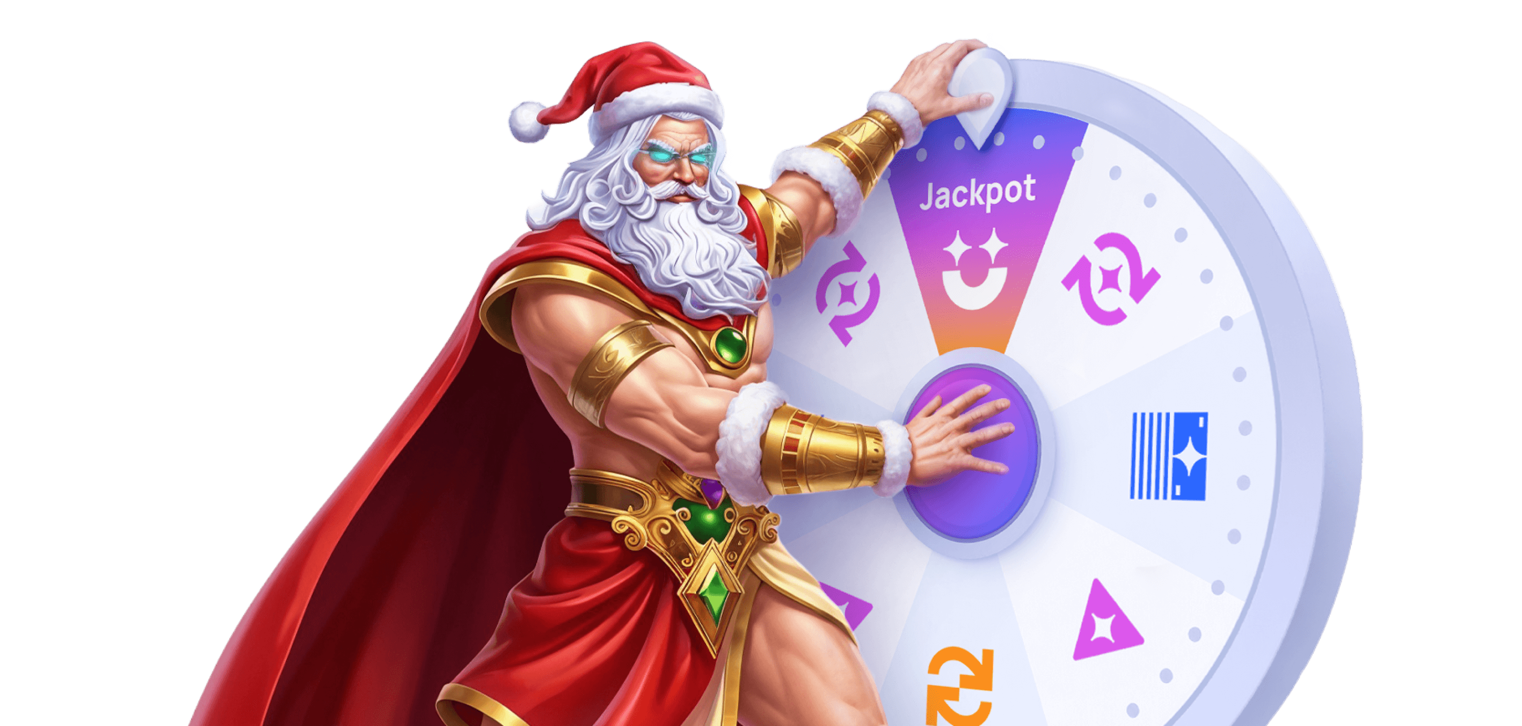 Christmas Zeus character with spinning wheel